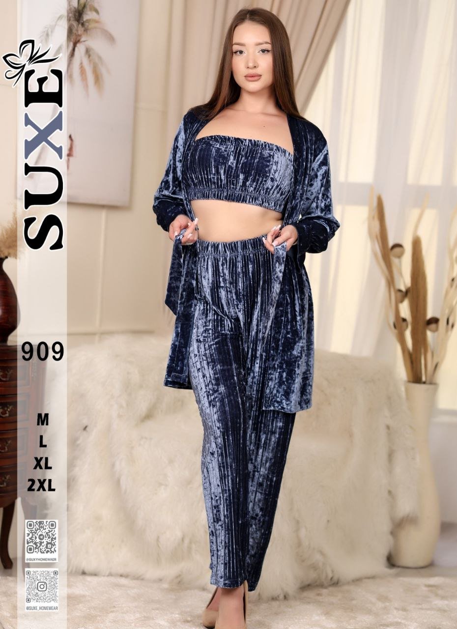 6017293089602914074 بيجامه قطيفه 3 قطع - الصورة 2