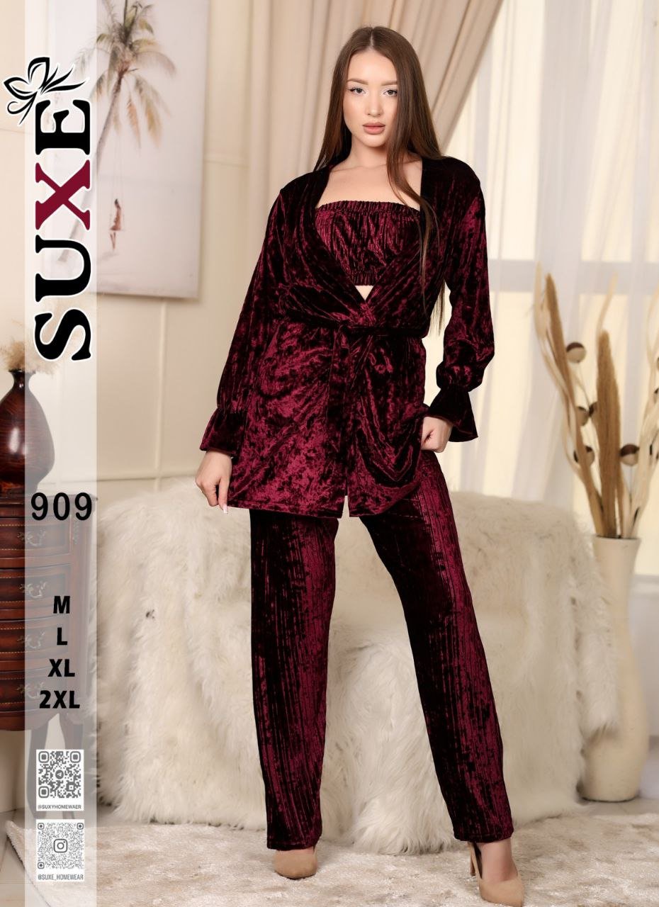 6017293089602914085 بيجامه قطيفه 3 قطع - الصورة 1